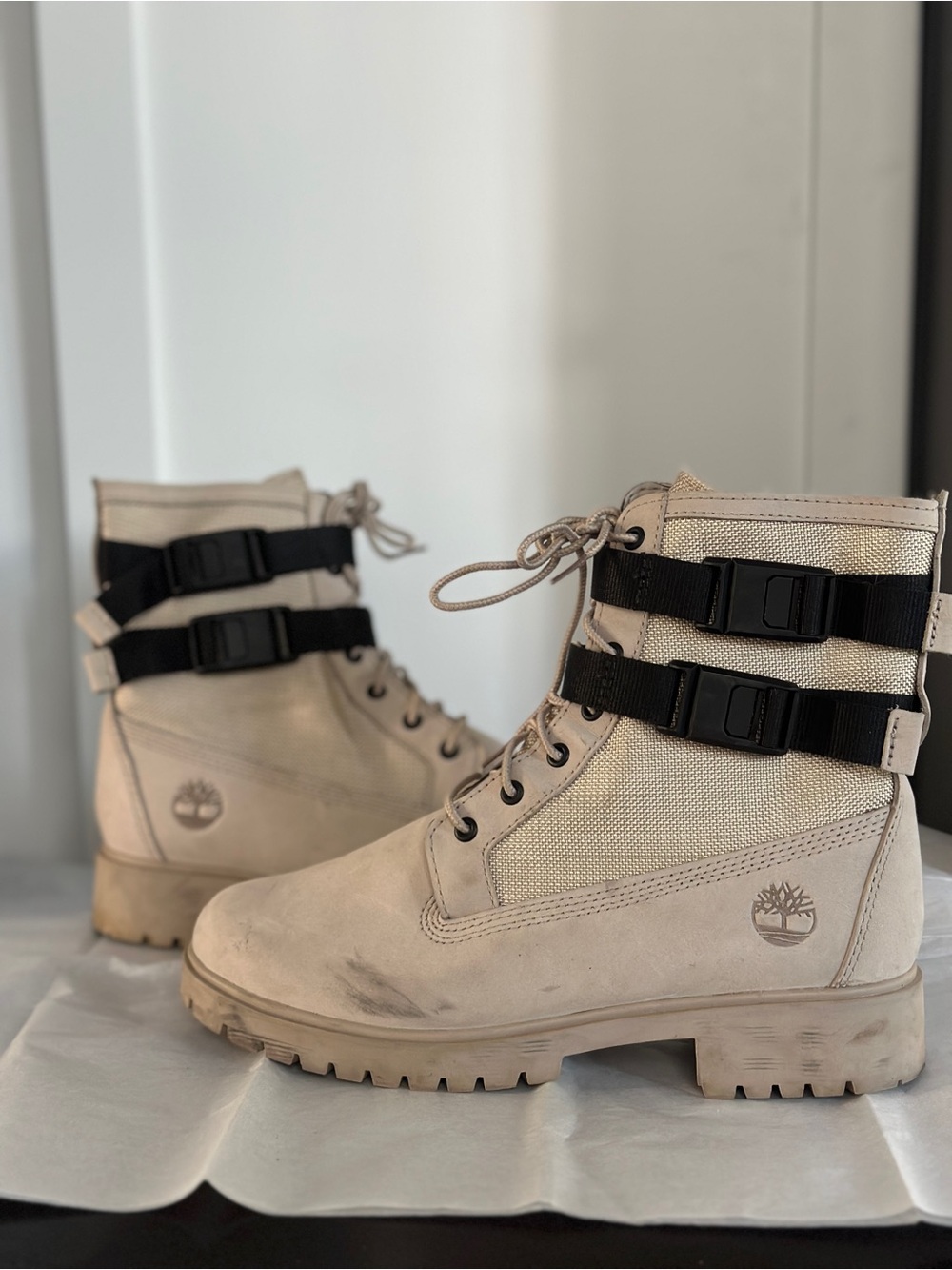 Timberland Women's Beige Lace-Up Boots with Black Strap Details